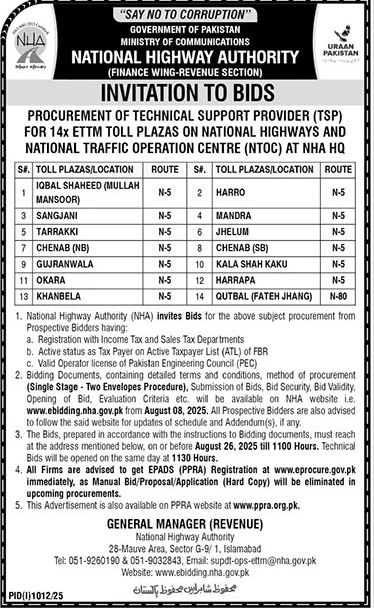 National Highway Authority Islamabad Tender Notice